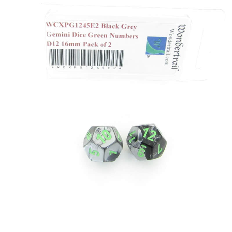 WCXPG1245E2 Black Grey Gemini Dice Green Numbers D12 16mm Pack of 2 (ONLINE ORDER ONLY)
