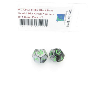 WCXPG1245E2 Black Grey Gemini Dice Green Numbers D12 16mm Pack of 2 (ONLINE ORDER ONLY)