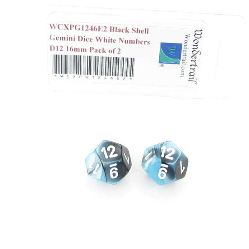 WCXPG1246E2 Black Shell Gemini Dice White Numbers D12 16mm Pack of 2 (ONLINE ORDER ONLY)