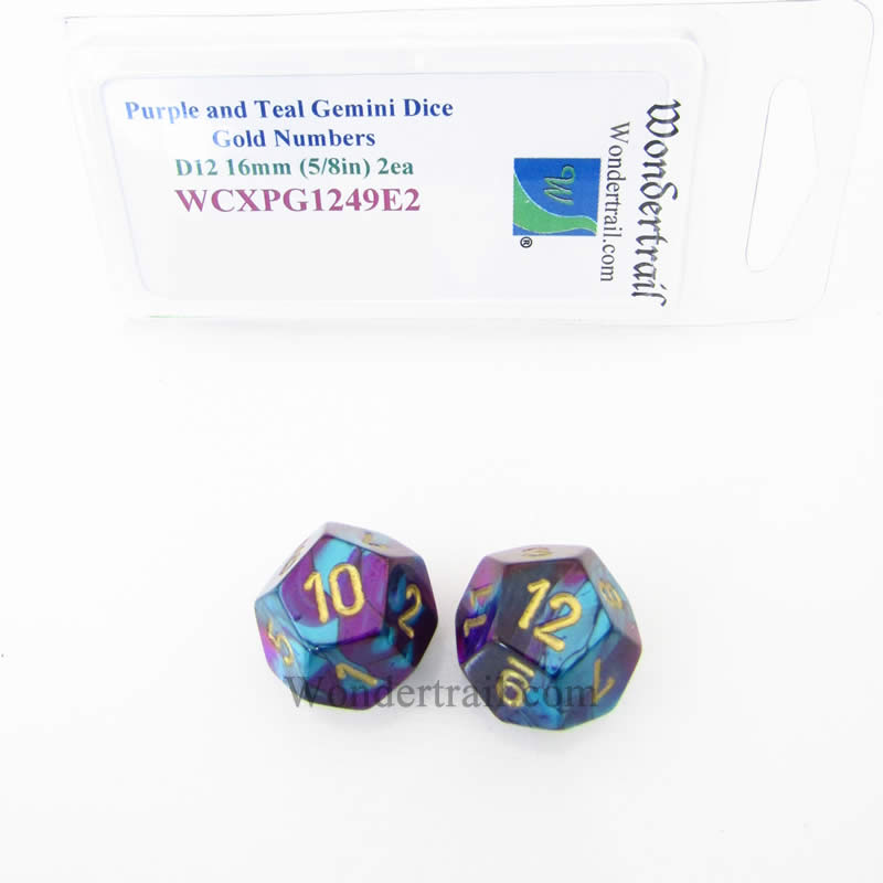 WCXPG1249E2 Purple Teal Gemini Dice Gold Numbers D12 16mm Pack of 2 (ONLINE ORDER ONLY)