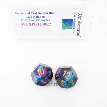 WCXPG1249E2 Purple Teal Gemini Dice Gold Numbers D12 16mm Pack of 2 (ONLINE ORDER ONLY)