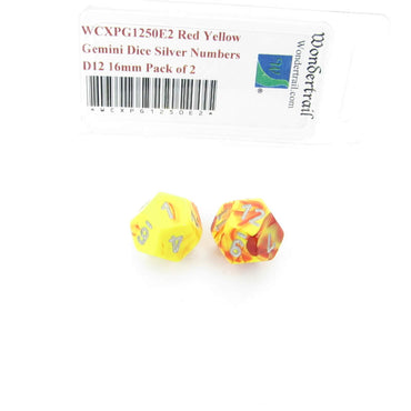 WCXPG1250E2 Red Yellow Gemini Dice Silver Numbers D12 16mm Pack of 2 (ONLINE ORDER ONLY)