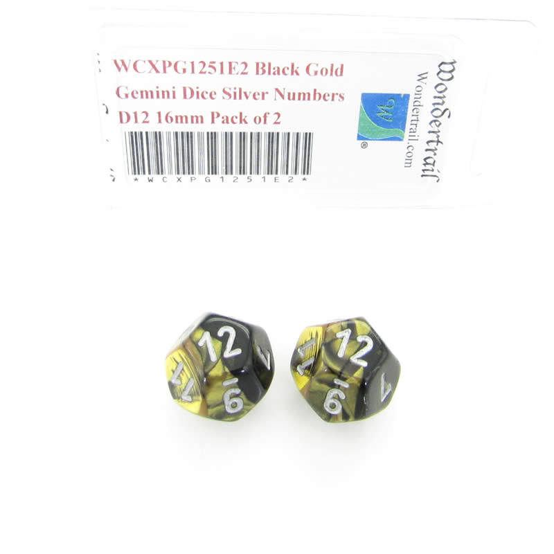 WCXPG1251E2 Black Gold Gemini Dice Silver Numbers D12 16mm Pack of 2 (ONLINE ORDER ONLY)