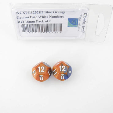 WCXPG1252E2 Blue Orange Gemini Dice White Numbers D12 16mm Pack of 2 (ONLINE ORDER ONLY)