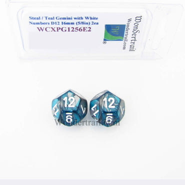 WCXPG1256E2 Steel Teal Gemini Dice White Numbers D12 16mm Pack of 2 (ONLINE ORDER ONLY)