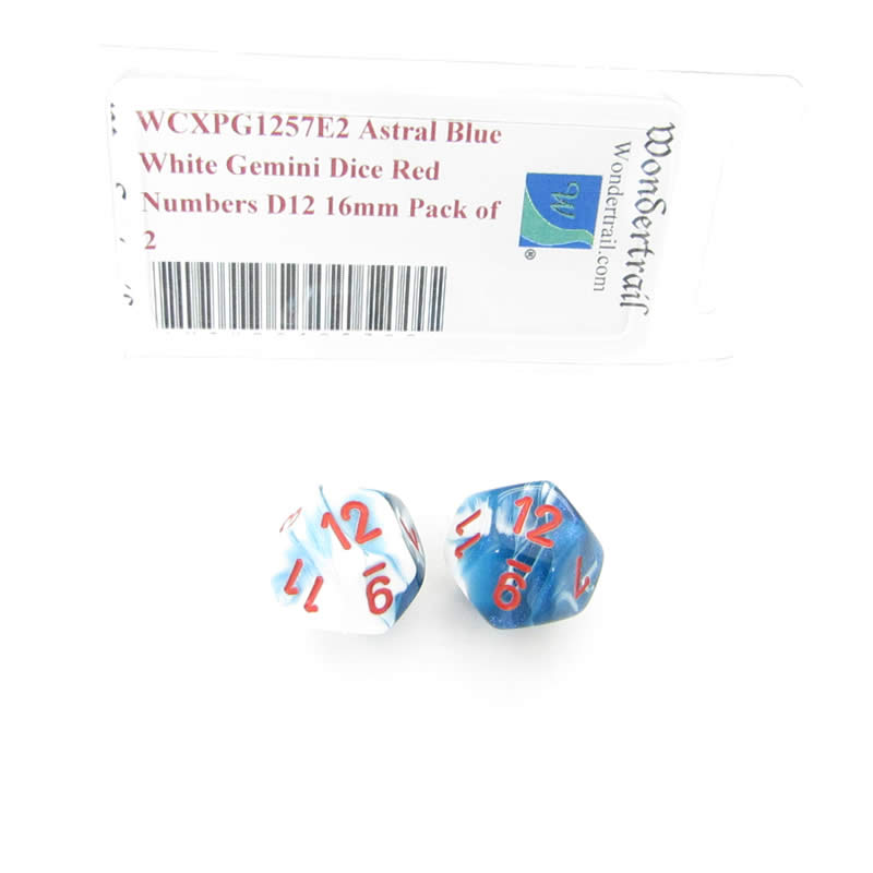 WCXPG1257E2 Astral Blue White Gemini Dice Red Numbers D12 16mm Pack of 2 (ONLINE ORDER ONLY)