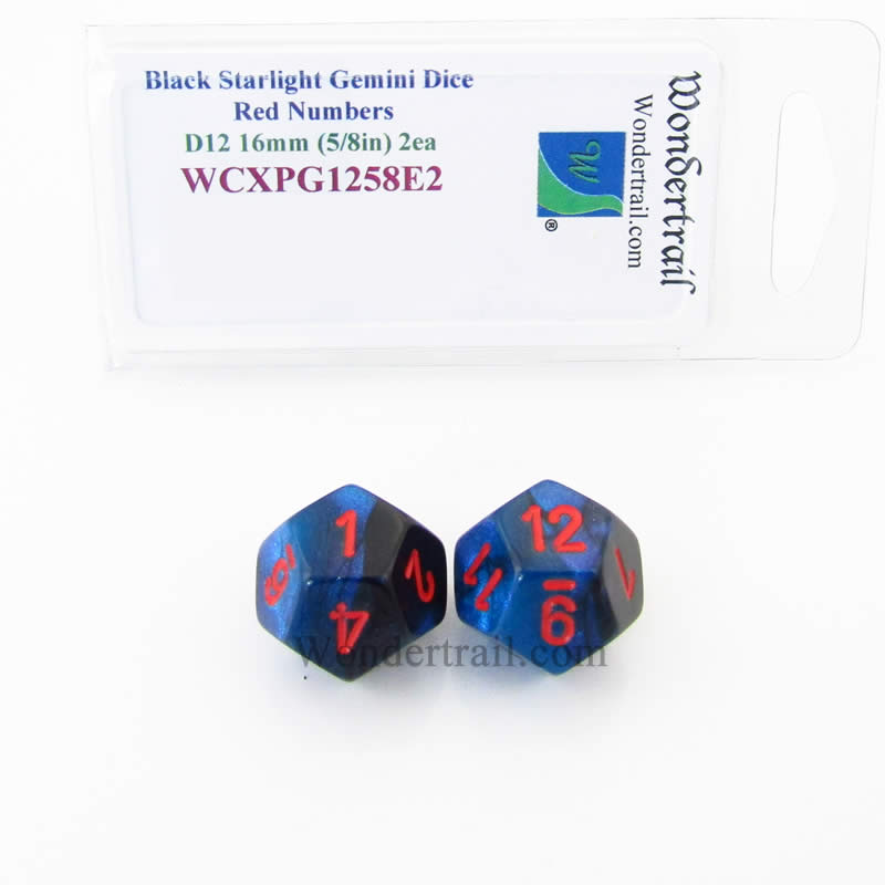 WCXPG1258E2 Black Starlight Gemini Dice Red Numbers D12 16mm Pack of 2 (ONLINE ORDER ONLY)