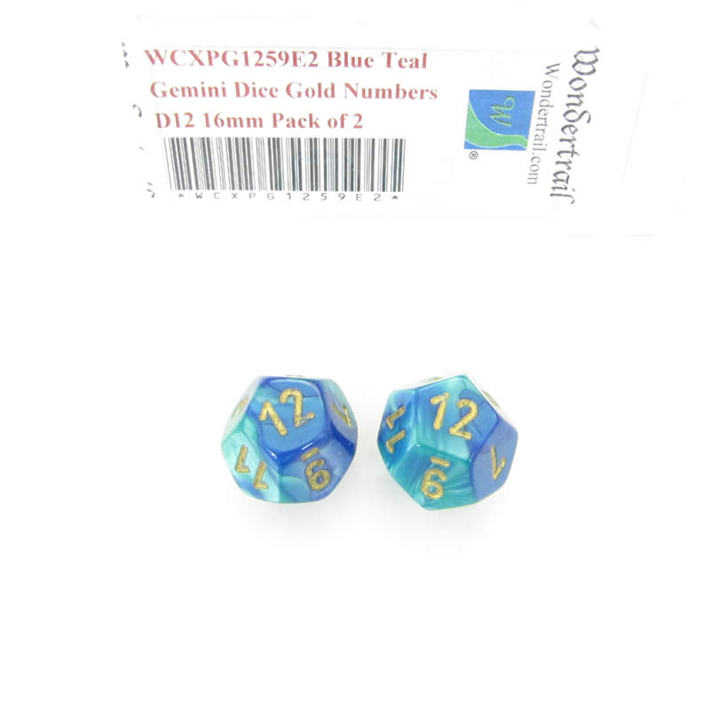 WCXPG1259E2 Blue Teal Gemini Dice Gold Numbers D12 16mm Pack of 2 (ONLINE ORDER ONLY)