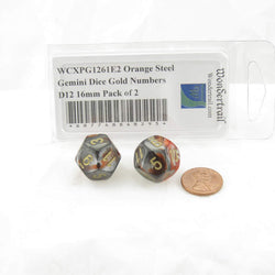 WCXPG1261E2 Orange Steel Gemini Dice Gold Numbers D12 16mm Pack of 2 (ONLINE ORDER ONLY)
