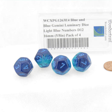 WCXPG1263E4 Blue and Blue Gemini Luminary Dice Light Blue Numbers D12 16mm (5/8in) Pack of 4 (ONLINE ORDER ONLY)
