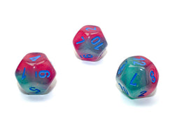 WCXPG1264E4 Gel Green and Pink Gemini Luminary Dice with Blue Numbers D12 Aprox 16mm (5/8in) Pack of 4 (ONLINE ORDER ONLY)