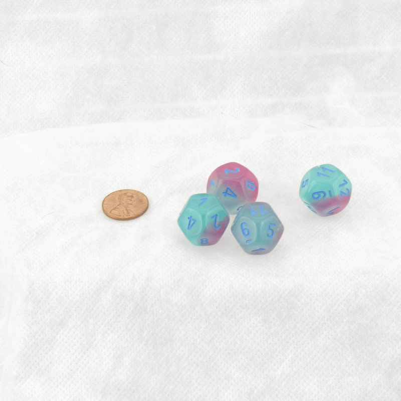 WCXPG1264E4 Gel Green and Pink Gemini Luminary Dice with Blue Numbers D12 Aprox 16mm (5/8in) Pack of 4 (ONLINE ORDER ONLY)