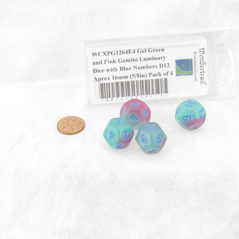 WCXPG1264E4 Gel Green and Pink Gemini Luminary Dice with Blue Numbers D12 Aprox 16mm (5/8in) Pack of 4 (ONLINE ORDER ONLY)