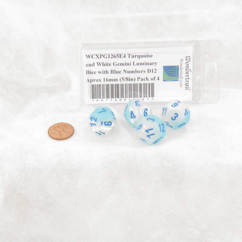 WCXPG1265E4 Turquoise and White Gemini Luminary Dice with Blue Numbers D12 Aprox 16mm (5/8in) Pack of 4 (ONLINE ORDER ONLY)