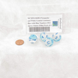 WCXPG1265E4 Turquoise and White Gemini Luminary Dice with Blue Numbers D12 Aprox 16mm (5/8in) Pack of 4 (ONLINE ORDER ONLY)