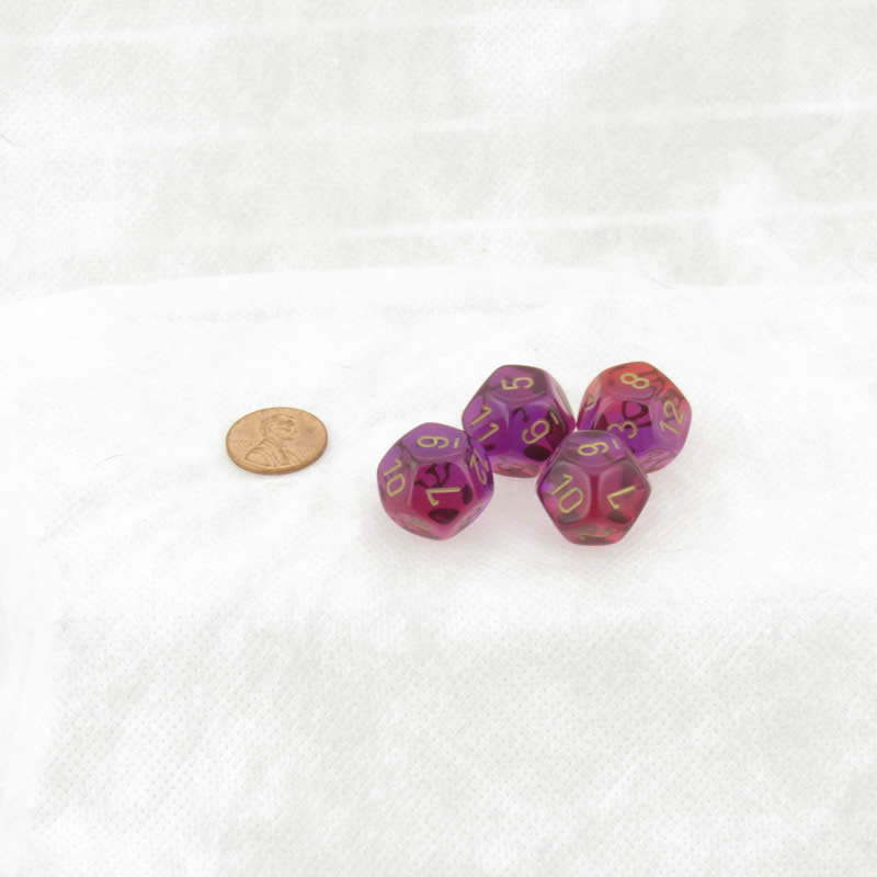 WCXPG1267E4 Red and Violet Translucent Gemini Dice with Gold Numbers D12 Aprox 16mm (5/8in) Pack of 4 (ONLINE ORDER ONLY)