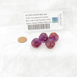 WCXPG1267E4 Red and Violet Translucent Gemini Dice with Gold Numbers D12 Aprox 16mm (5/8in) Pack of 4 (ONLINE ORDER ONLY)