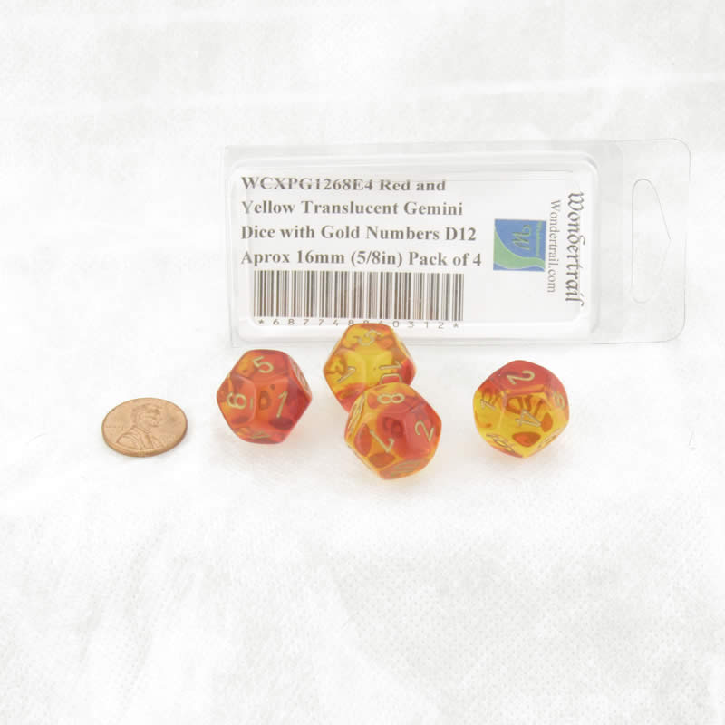 WCXPG1268E4 Red and Yellow Translucent Gemini Dice with Gold Numbers D12 Aprox 16mm (5/8in) Pack of 4 (ONLINE ORDER ONLY)