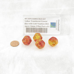 WCXPG1268E4 Red and Yellow Translucent Gemini Dice with Gold Numbers D12 Aprox 16mm (5/8in) Pack of 4 (ONLINE ORDER ONLY)