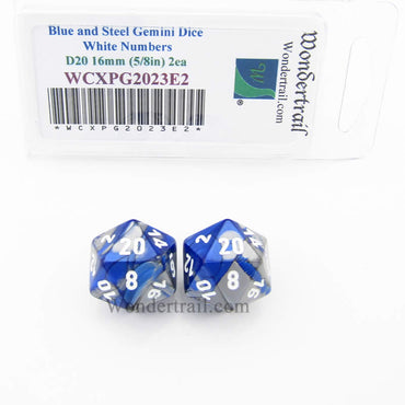 WCXPG2023E2 Blue Steel Gemini Dice White Numbers D20 16mm Pack of 2 (ONLINE ORDER ONLY)