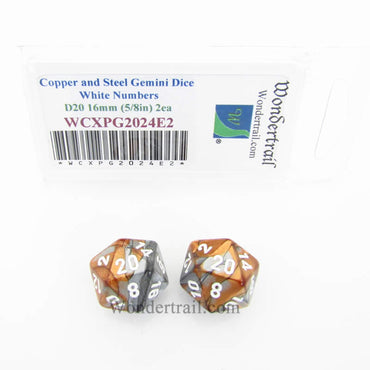 WCXPG2024E2 Copper Steel Gemini Dice White Numbers D20 16mm Pack of 2 (ONLINE ORDER ONLY)