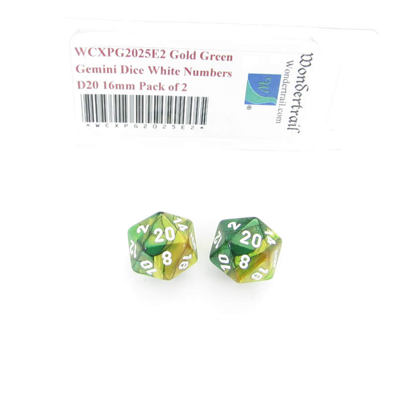WCXPG2025E2 Gold Green Gemini Dice White Numbers D20 16mm Pack of 2 (ONLINE ORDER ONLY)