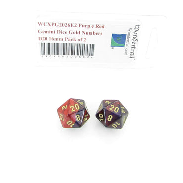 WCXPG2026E2 Purple Red Gemini Dice Gold Numbers D20 16mm Pack of 2 (ONLINE ORDER ONLY)