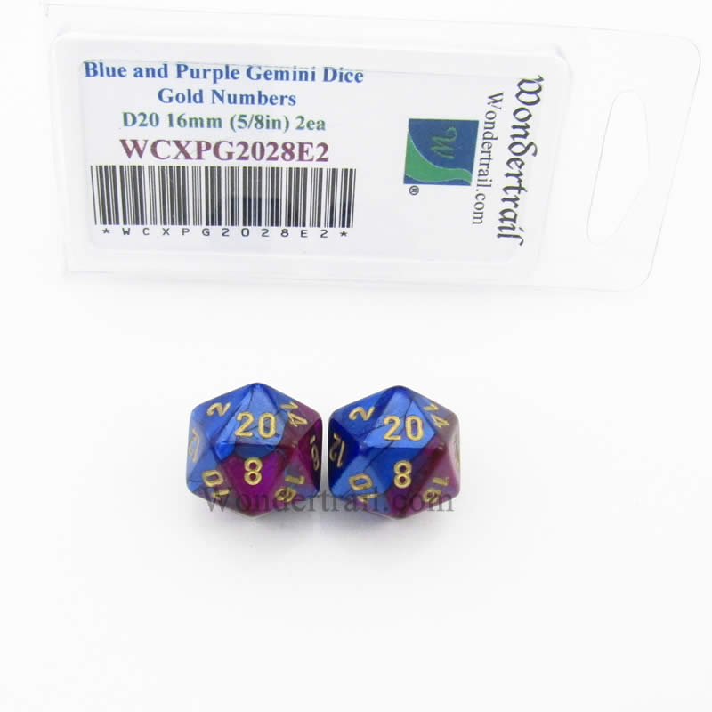 WCXPG2028E2 Blue Purple Gemini Dice Gold Numbers D20 16mm Pack of 2 (ONLINE ORDER ONLY)