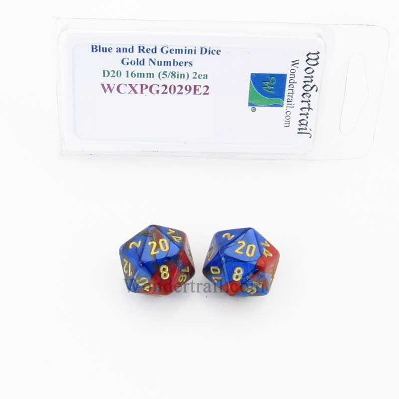WCXPG2029E2 Blue Red Gemini Dice Gold Numbers D20 16mm Pack of 2 (ONLINE ORDER ONLY)