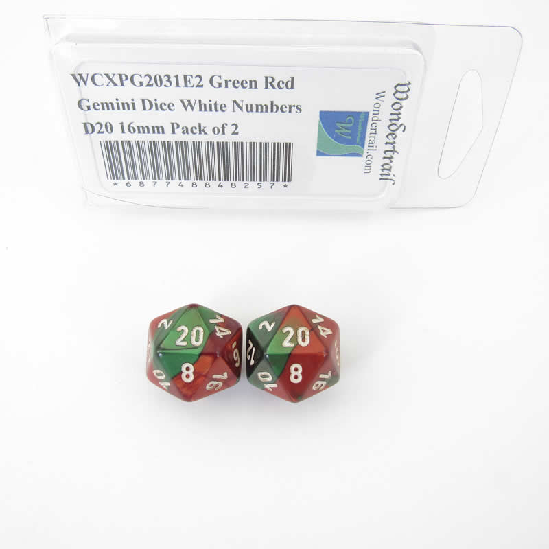 WCXPG2031E2 Green Red Gemini Dice White Numbers D20 16mm Pack of 2 (ONLINE ORDER ONLY)