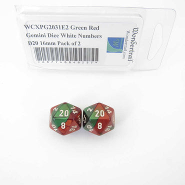 WCXPG2031E2 Green Red Gemini Dice White Numbers D20 16mm Pack of 2 (ONLINE ORDER ONLY)