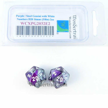 WCXPG2032E2 Purple Steel Gemini Dice White Numbers D20 16mm Pack of 2 (ONLINE ORDER ONLY)