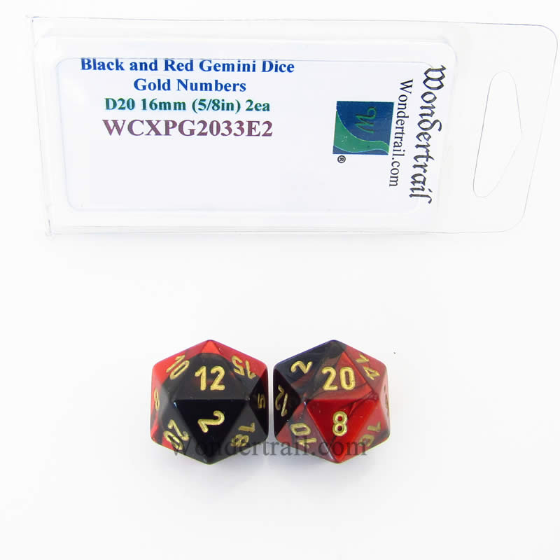 WCXPG2033E2 Black Red Gemini Dice Gold Numbers D20 16mm Pack of 2 (ONLINE ORDER ONLY)