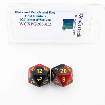 WCXPG2033E2 Black Red Gemini Dice Gold Numbers D20 16mm Pack of 2 (ONLINE ORDER ONLY)