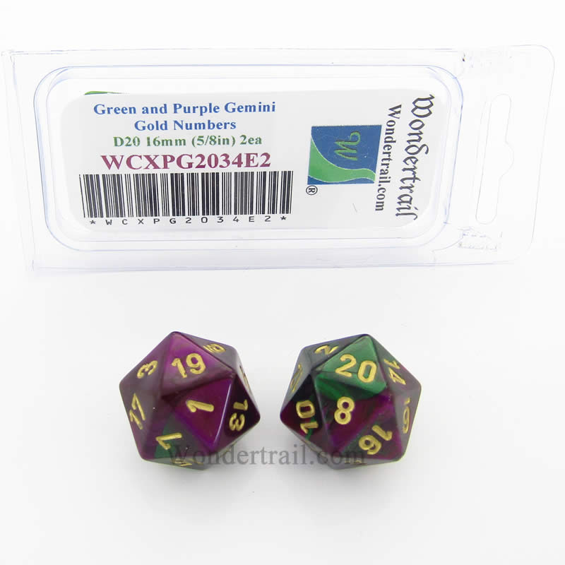 WCXPG2034E2 Green Purple Gemini Dice Gold Numbers D20 16mm Pack of 2 (ONLINE ORDER ONLY)