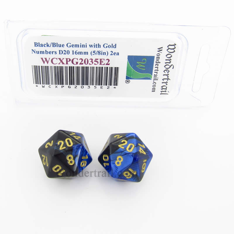 WCXPG2035E2 Black Blue Gemini Dice Gold Numbers D20 16mm Pack of 2 (ONLINE ORDER ONLY)