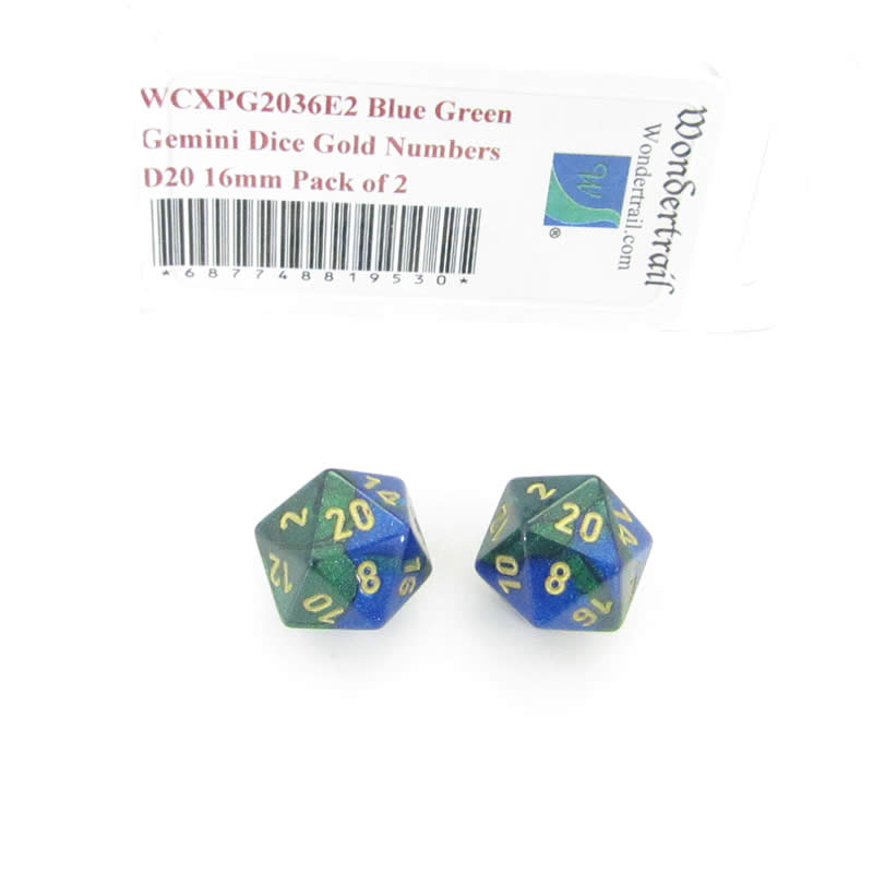 WCXPG2036E2 Blue Green Gemini Dice Gold Numbers D20 16mm Pack of 2 (ONLINE ORDER ONLY)
