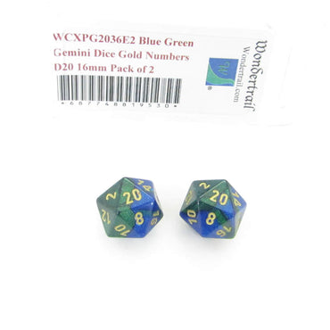 WCXPG2036E2 Blue Green Gemini Dice Gold Numbers D20 16mm Pack of 2 (ONLINE ORDER ONLY)