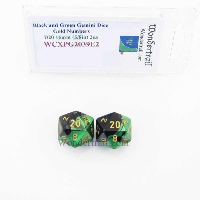 WCXPG2039E2 Black Green Gemini Dice Gold Numbers D20 16mm Pack of 2 (ONLINE ORDER ONLY)