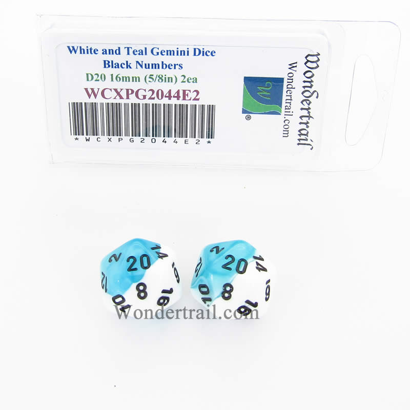 WCXPG2044E2 White Teal Gemini Dice Black Numbers D20 16mm Pack of 2 (ONLINE ORDER ONLY)