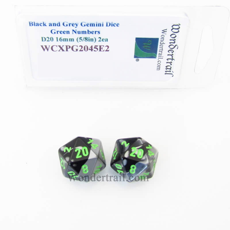 WCXPG2045E2 Black Grey Gemini Dice Green Numbers D20 16mm Pack of 2 (ONLINE ORDER ONLY)