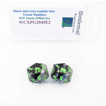WCXPG2045E2 Black Grey Gemini Dice Green Numbers D20 16mm Pack of 2 (ONLINE ORDER ONLY)