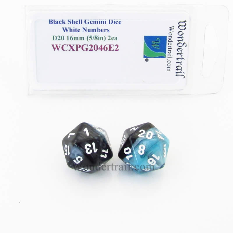 WCXPG2046E2 Black Shell Gemini Dice White Numbers D20 16mm Pack of 2 (ONLINE ORDER ONLY)