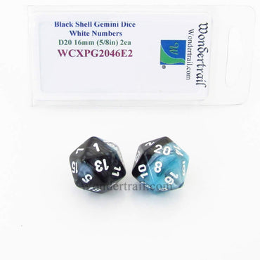 WCXPG2046E2 Black Shell Gemini Dice White Numbers D20 16mm Pack of 2 (ONLINE ORDER ONLY)