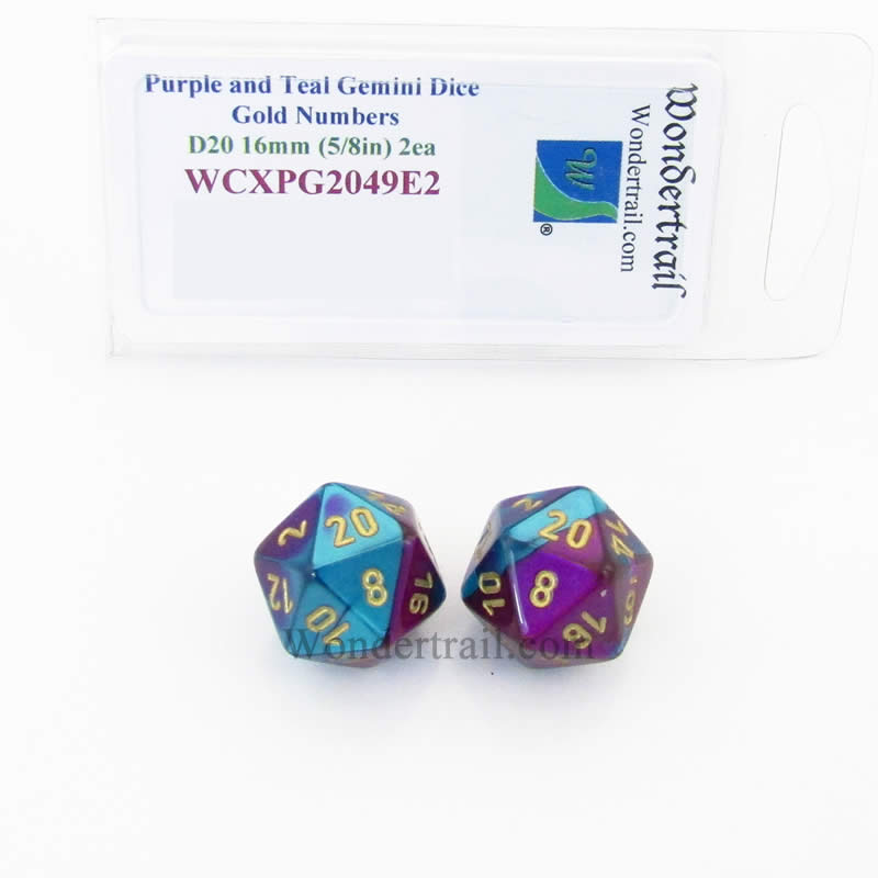 WCXPG2049E2 Purple Teal Gemini Dice Gold Numbers D20 16mm Pack of 2 (ONLINE ORDER ONLY)