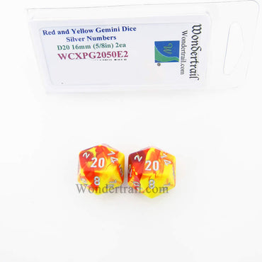 WCXPG2050E2 Red Yellow Gemini Dice Silver Numbers D20 16mm Pack of 2 (ONLINE ORDER ONLY)