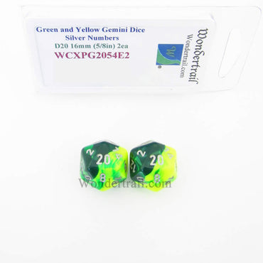 WCXPG2054E2 Green Yellow Gemini Dice Silver Numbers D20 16mm Pack of 2 (ONLINE ORDER ONLY)