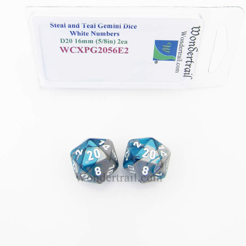 WCXPG2056E2 Steel Teal Gemini Dice White Numbers D20 16mm Pack of 2 (ONLINE ORDER ONLY)