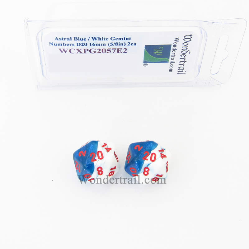 WCXPG2057E2 Astral Blue White Gemini Dice Red Numbers D20 16mm Pack of 2 (ONLINE ORDER ONLY)