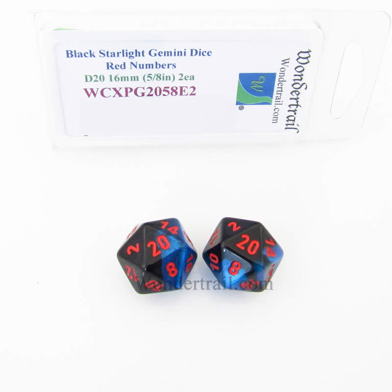 WCXPG2058E2 Black Starlight Gemini Dice Red Numbers D20 16mm Pack of 2 (ONLINE ORDER ONLY)